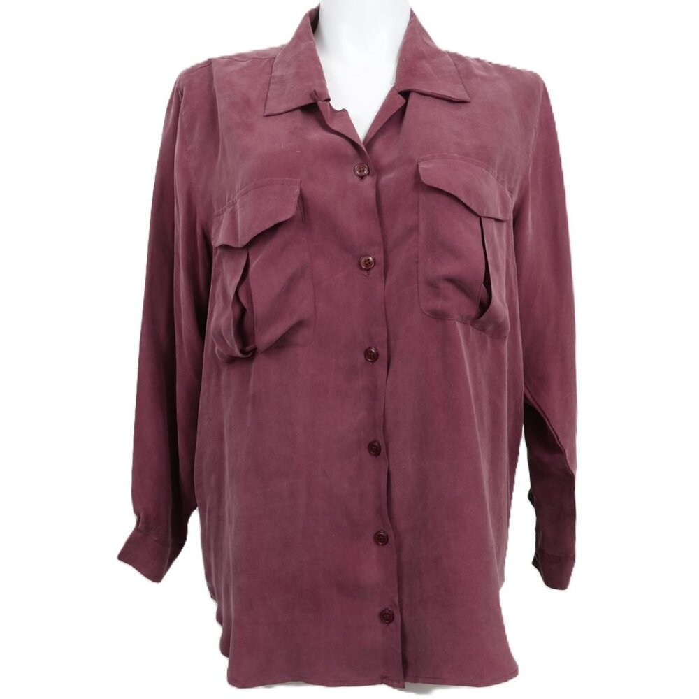 The Avenue Size 14/16 Pure Silk Purple Button Down Utility Shirt Top Blouse